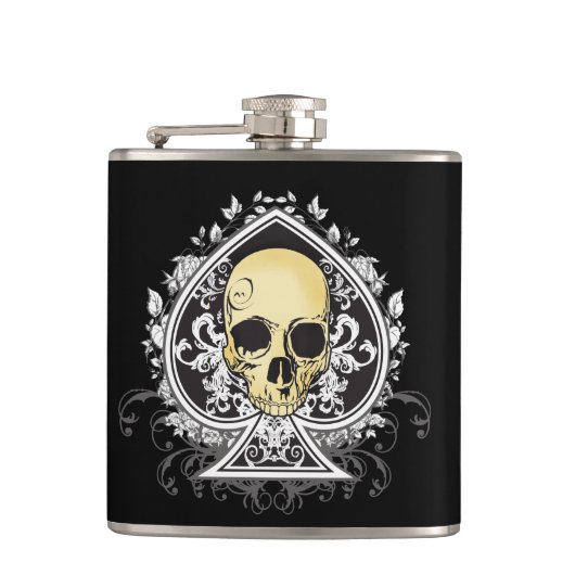 Geitic style black ace of spades with skull, heupfles (Voorkant)