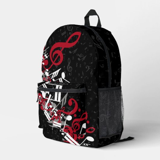 Gejokte Muzieknoten Rode grijs en wit op zwart Bedrukte Rugzak (Achterkant Hoek Rechts)