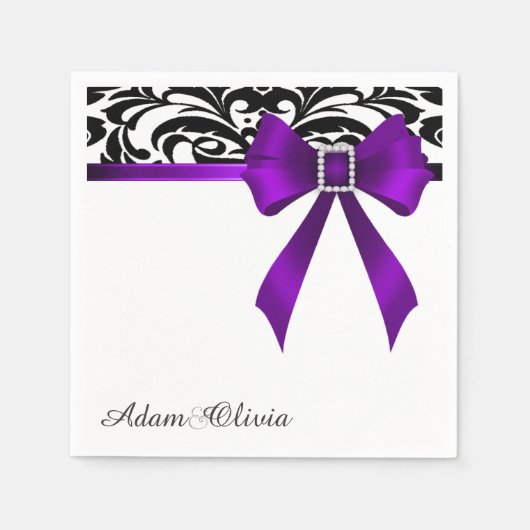 Gejuwelen Paarse Bow Damask Wedding Servetten (Voorkant)