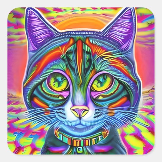 Gek Cool Eyed Mystiek Kleurrijke Kat Vierkante Sticker (Voorkant)