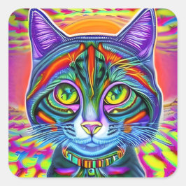 Gek Cool Eyed Mystiek Kleurrijke Kat Vierkante Sticker
