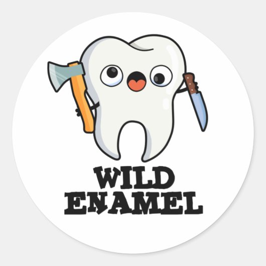 Gek Emaille Grappig Wild Dier Tand Grappenmakerij Ronde Sticker (Voorkant)