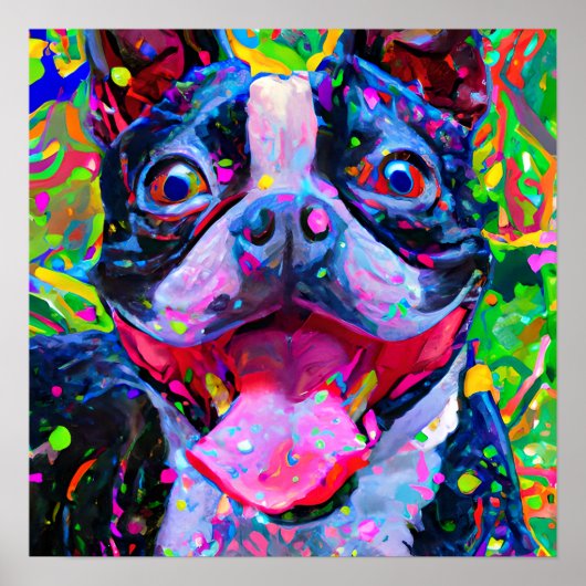 Gek Gelukkig Boston Terrier Hond 2 Kunst Portret Poster (Voorkant)