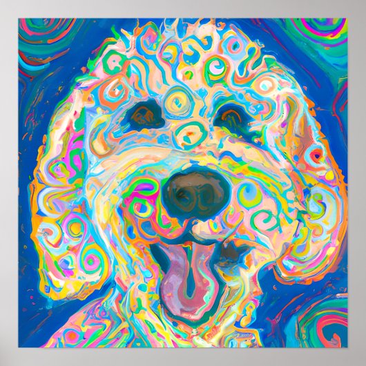 Gek Gelukkig Goldendoodle Hond Kunst Portret Poster (Voorkant)