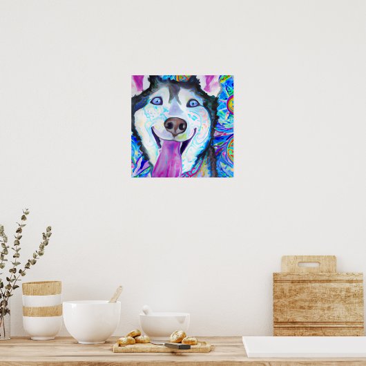 Gek Gelukkig Siberisch Husky Hond Portret Kunst Poster (Keuken)