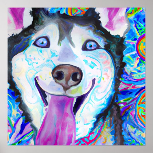 Gek Gelukkig Siberisch Husky Hond Portret Kunst Poster (Voorkant)