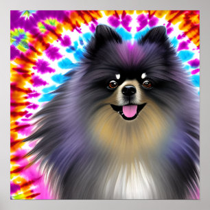 Gek Gelukkig Zwart Pommerse Hond Tie Dye Art Poster
