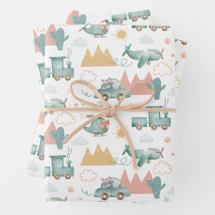 Gek grappig transport en dier. Kinder baby Inpakpapier Vel