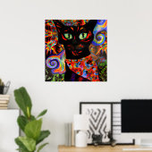 Gek Halloween Zwart Kat Portret Kunst Poster (Thuiskantoor)