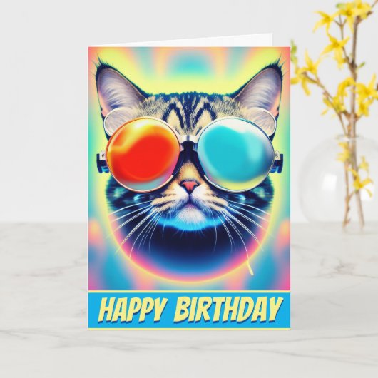 Gek Psychedelic Psychonaut Kitty Cat Kaart (Gele Bloem)