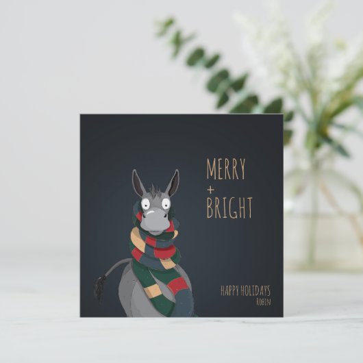 Gek Schattige "Merry + Bright" Ezel Feestdagenkaart (Staand voorkant)