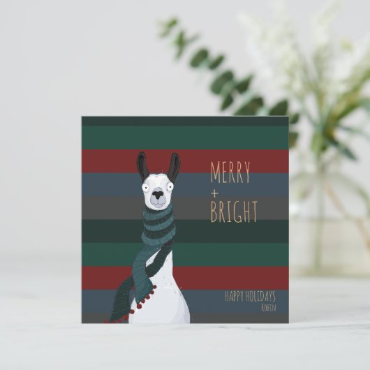 Gek Schattige "Merry + Bright" Llama Feestdagenkaart (Staand voorkant)