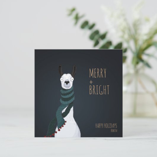 Gek Schattige "Merry + Bright" Llama Feestdagenkaart (Staand voorkant)
