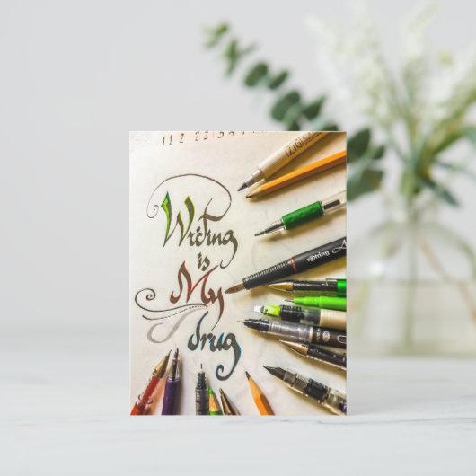Gek schrijver manifest pennen en potloden briefkaart (Staand voorkant)