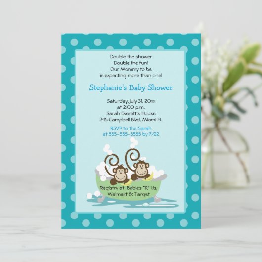 Gekke apen in een Baby shower met tweelingstreepje Kaart (Staand voorkant)