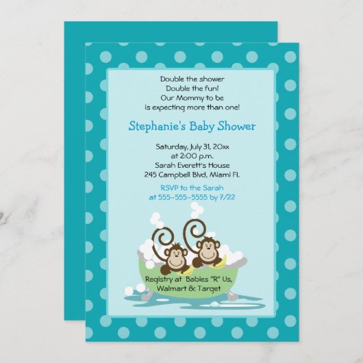 Gekke apen in een Baby shower met tweelingstreepje Kaart (Voorkant / Achterkant)