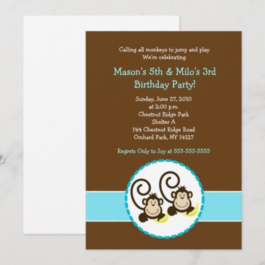 Gekke apenrendy 2 kinderen Birthday-uitnodiging Kaart (Voorkant / Achterkant)
