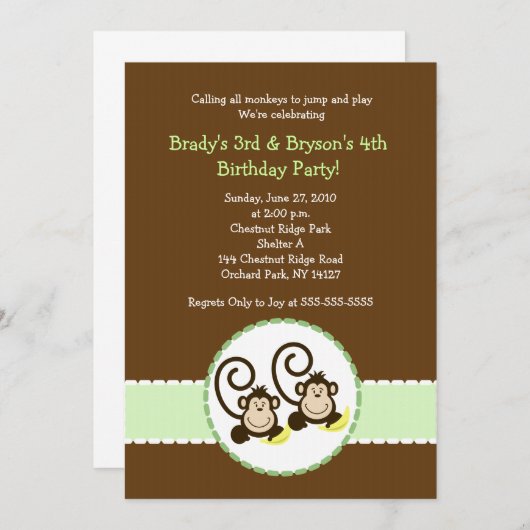 Gekke apenrendy 2 kinderen Birthday-uitnodiging Kaart (Voorkant / Achterkant)