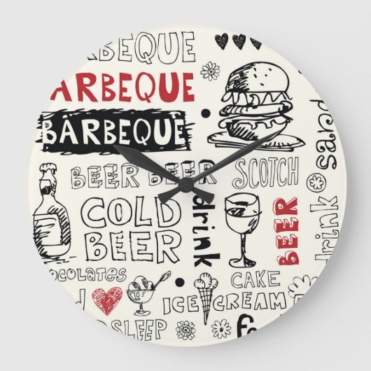 Gekke BBQ: grillige Doodle Art Grote Klok (Voorkant)