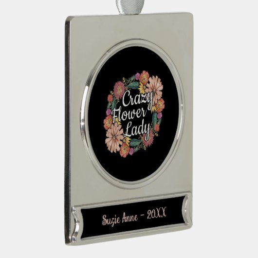 Gekke bloem dame - Zinnia tuinman Verzilverd Banner Ornament (Rechts)