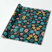 Gekke bloesems op Midnight Blackground Cadeaupapier (Uitgerold)