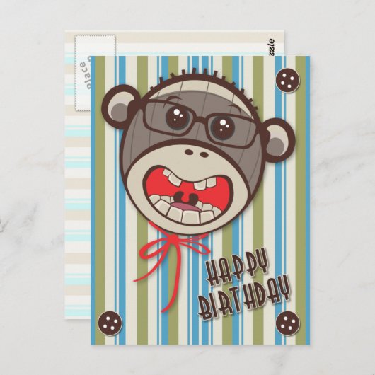 Gekke bril Sock Monkey Happy B Day Briefkaart (Voorkant / Achterkant)