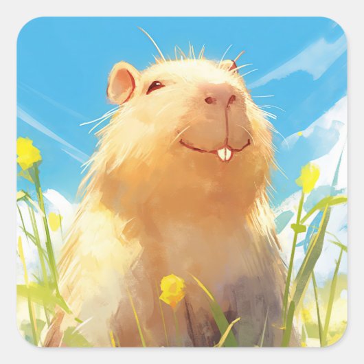 Gekke Capybara Smile Vierkante Sticker (Voorkant)