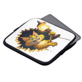 Gekke Cartoon Kat die een lamp door een muur houdt Laptop Sleeve