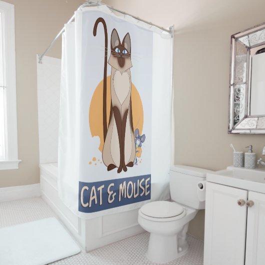 Gekke Cartoon Kat & Muis met wat kaas Douchegordijn (In situ)