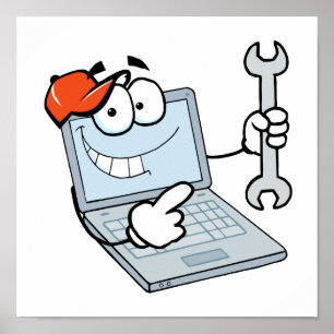 gekke computer reparatie cartoon laptop met sleute poster