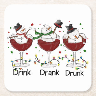 Gekke "Drink, Drink, Drink" Snowman en Wine Kartonnen Onderzetters