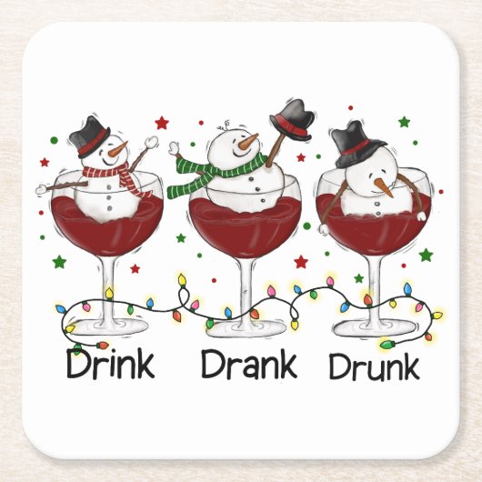 Gekke "Drink, Drink, Drink" Snowman en Wine Kartonnen Onderzetters (Voorkant)