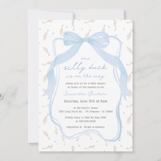 Gekke Duck Blue Bow Boy Baby shower Uitnodiging (Voorkant)