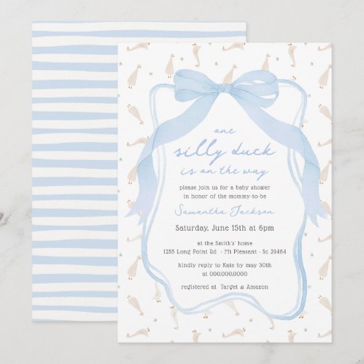 Gekke Duck Blue Bow Boy Baby shower Uitnodiging (Voorkant / Achterkant)