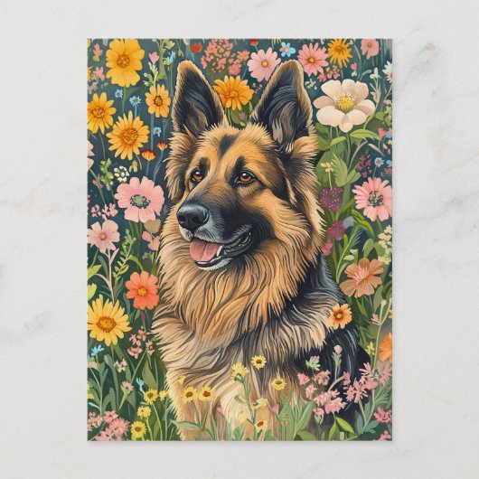 Gekke Duitse herder in een bloementuin Briefkaart (Voorkant)