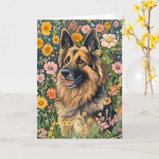 Gekke Duitse herder in een bloementuin Kaart (Gele Bloem)