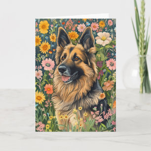 Gekke Duitse herder in een bloementuin Kaart