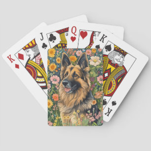 Gekke Duitse herder in een bloementuin Pokerkaarten