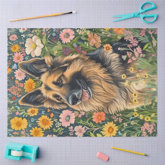 Gekke Duitse herder in een bloementuin Tissuepapier (Craft)