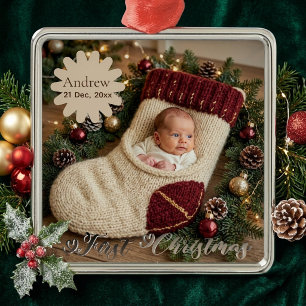 Gekke eerste kerstsok voor baby foto metalen ornament