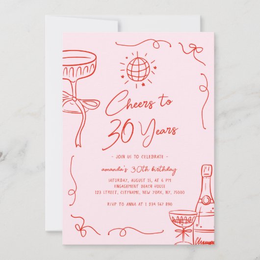 Gekke Franse Hand Getrokken Roze Rood 30e Verjaard Kaart (Voorkant)