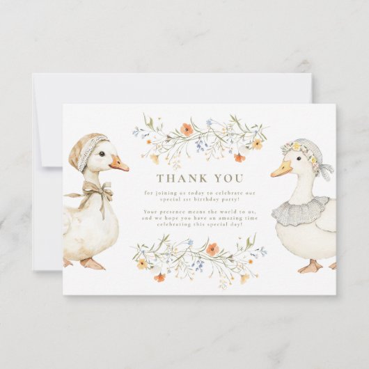 Gekke Gans 1e Verjaardag Neutrale Bloemen Bedankkaart (Voorkant)