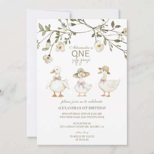 Gekke Gans 1e Verjaardag Neutrale Bloemen Kaart (Voorkant)