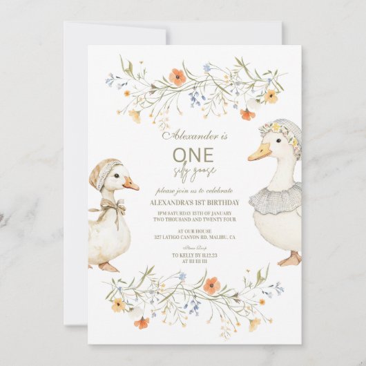 Gekke Gans 1e Verjaardag Neutrale Bloemen Kaart (Voorkant)