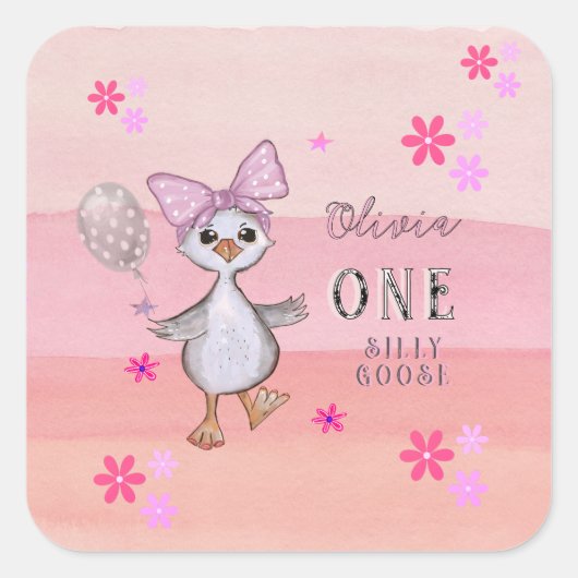 Gekke Gans 1e Verjaardag Roze Bow Vierkante Sticker (Voorkant)