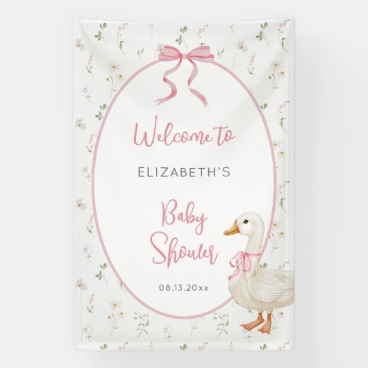 Gekke Gans Bloemen Roze Bow Baby shower Welkom Spandoek (Verticaal)