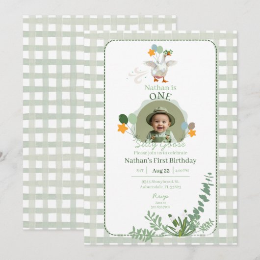 Gekke Gans Eerste Verjaardag Groene Foto Uitnodigi Kaart (Voorkant / Achterkant)