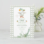 Gekke Gans Eerste Verjaardag Groene Uitnodiging (Staand voorkant)