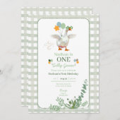 Gekke Gans Eerste Verjaardag Groene Uitnodiging (Voorkant / Achterkant)
