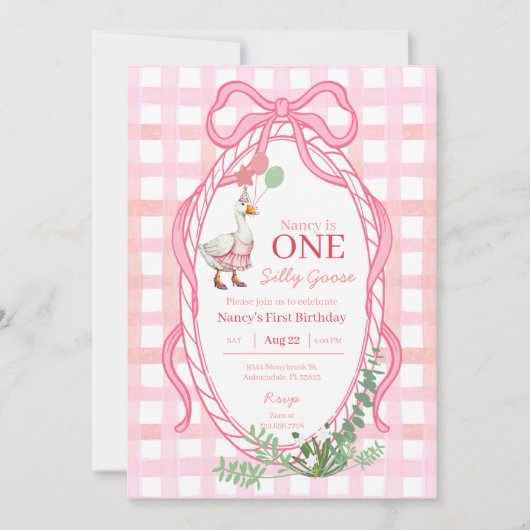 Gekke Gans Eerste Verjaardag Pink Invitation Kaart (Voorkant)